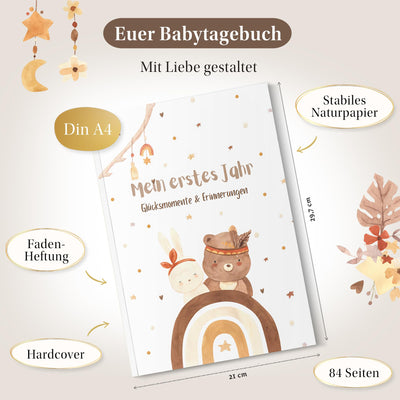 EULENTALER® Das Babytagebuch Boho I Von Pädagogen gestaltet I Mit handgemalten süßen Illustrationen I Din A4 I Babyalbum Mein erstes Jahr I Erinnerungsbuch zum eintragen