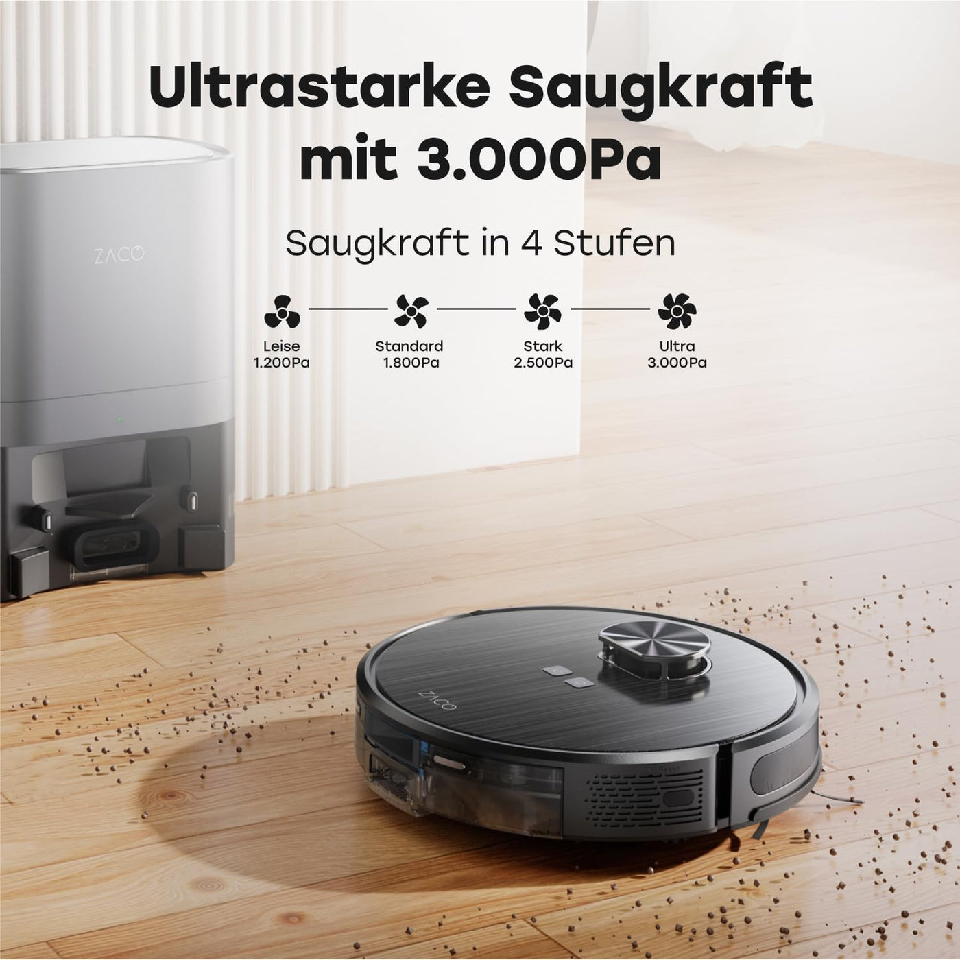 ZACO A10 Pro Saugroboter mit Wischfunktion, 2,5l Absaugstation bis 60 Tage, Lasernavigation, 3000Pa, 2in1 Saug und Wischroboter, ideal für Tierhaare, Teppicherkennung, leise, App & Alexa Steuerung