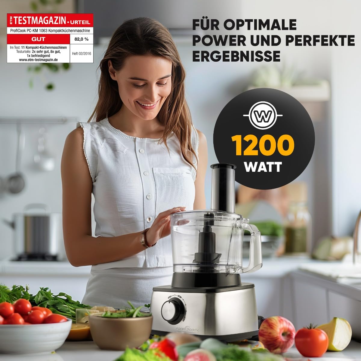 ProfiCook® 3in1 Küchenmaschine | Mixer, Küchenmaschine und Entsafter | 1200W | zum schneiden, raspeln und kneten | Nachfüllöffnung | stufenlose Geschwindigkeit | inkl. 11 Zubehörteilen | PC KM 1063