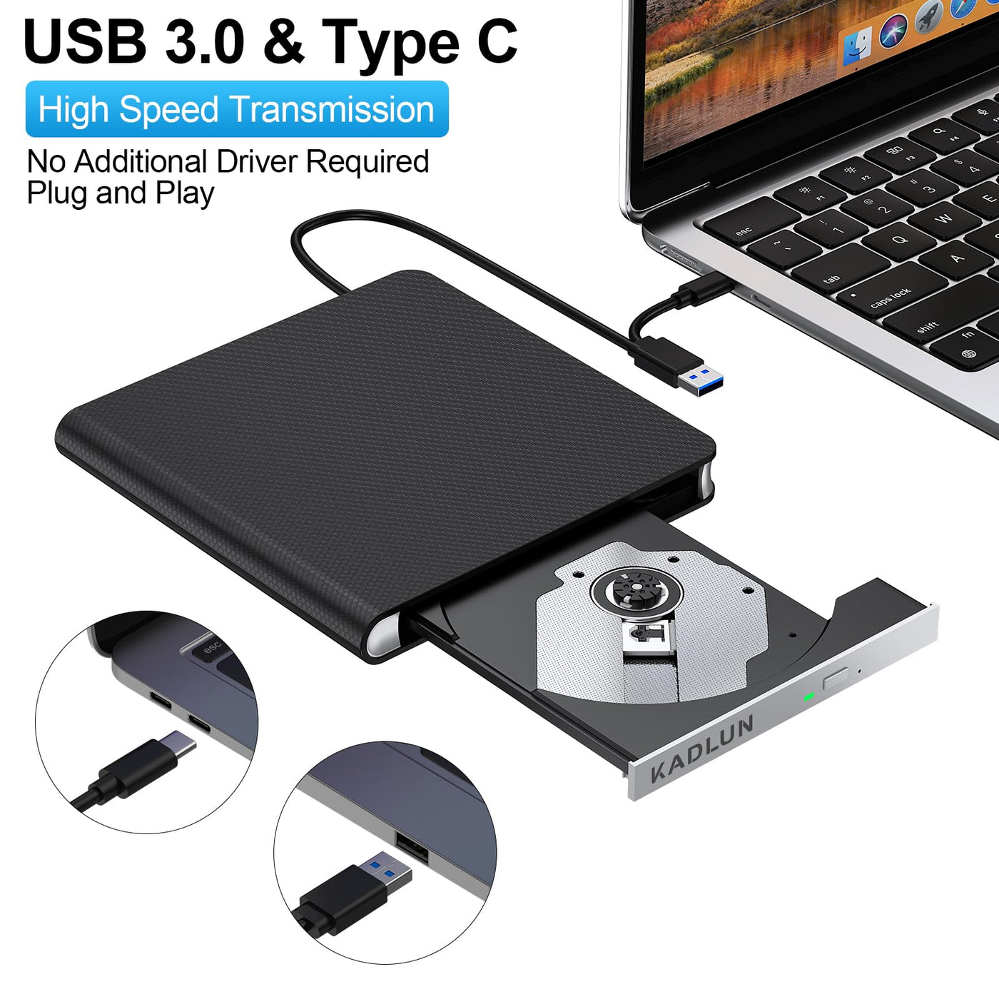 Externes CD DVD Laufwerk USB 3.0 & Type-C DVD Laufwerk Extern mit 4 USB & SD/TF, DVD RW Brenner Externes CD Laufwerk für Laptop, PC, Desktop, MacBook, iMac, Windows 11/10/8/7/XP/Linux/Vista/MacOS