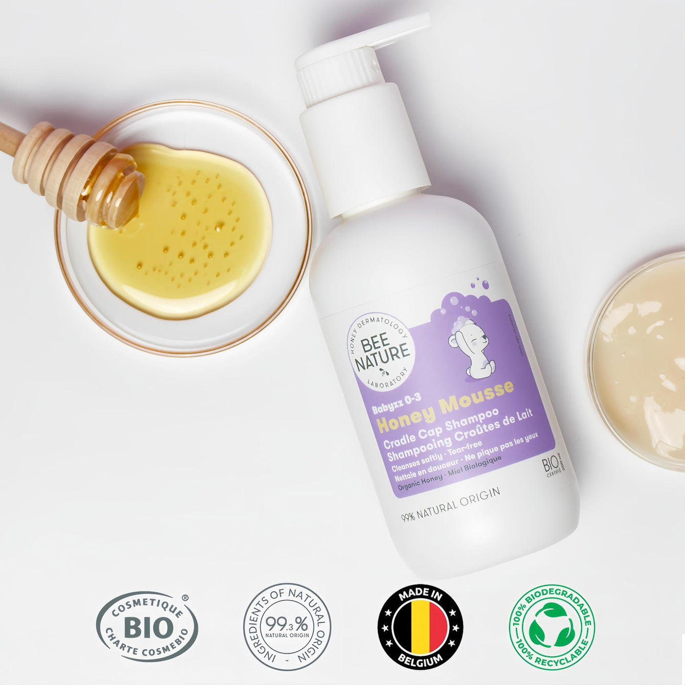 Bee Nature - Baby Shampoo Bio - Milchschorf Behandlung - Tränenfrei - 99.3% Natürlich - Honig Mousse - Geeignet für Neugeborene, Kinder, Erwachsene mit Trockener, Empfindlicher, Ekzem Kopfhaut - 200ml