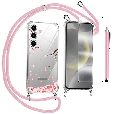 Handykette Kompatibel mit Samsung Galaxy S24 FE Hülle mit Displayschutzfolie Schutzfolie, Necklace Handyhülle mit Abnehmbar Kordel zum Umhängen Silikon Case Schutzhülle mit Band, Rosa