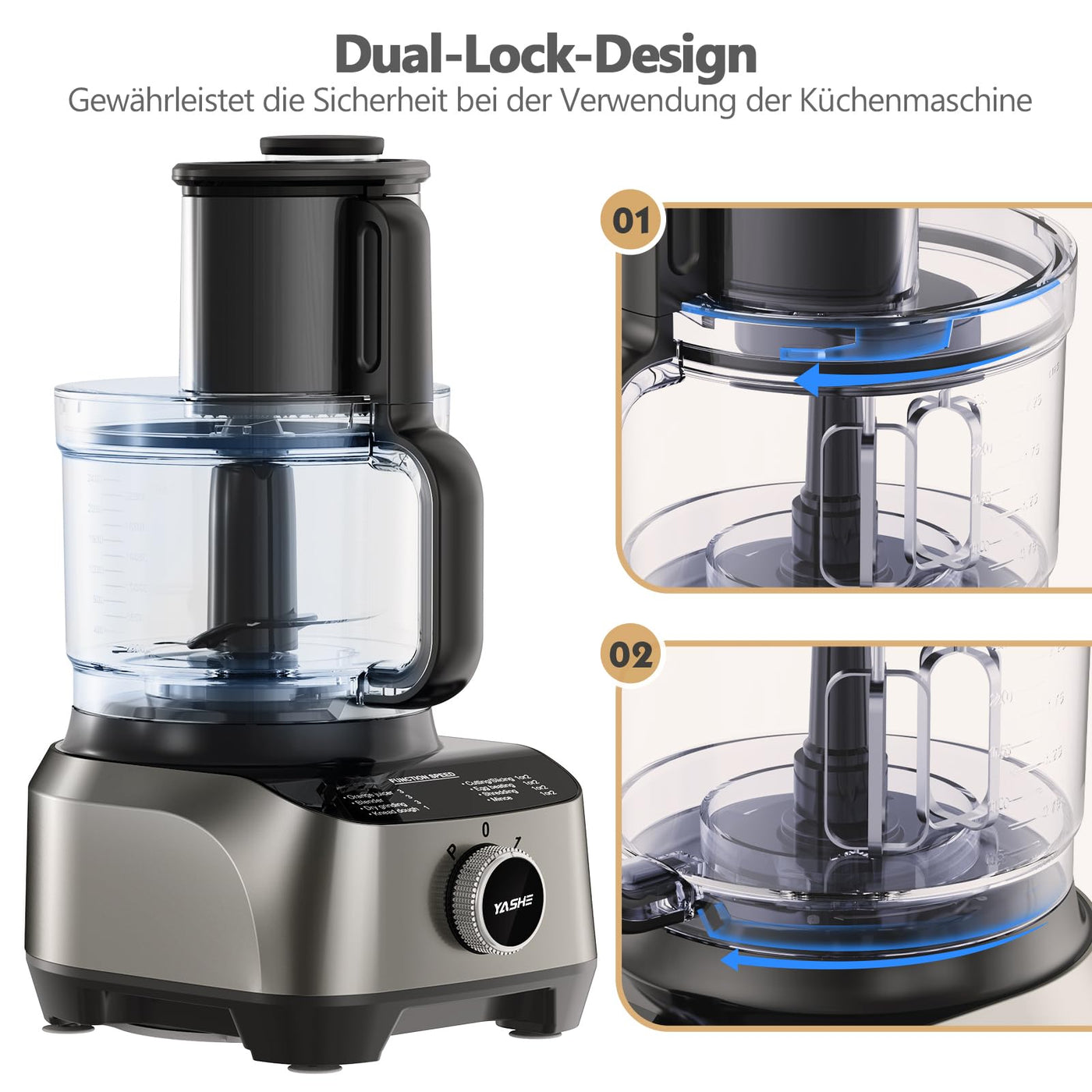 YASHE 11 in 1 Küchenmaschine, 1300W Multifunktionale Food Processor - 2,5 L Rührschüssel & 1,5 L Mixgefäß, Upgrade Schneidescheibe, Zitruspresse, Knetmaschine, Mahlwerk, Schneebesen, Zerkleinerer