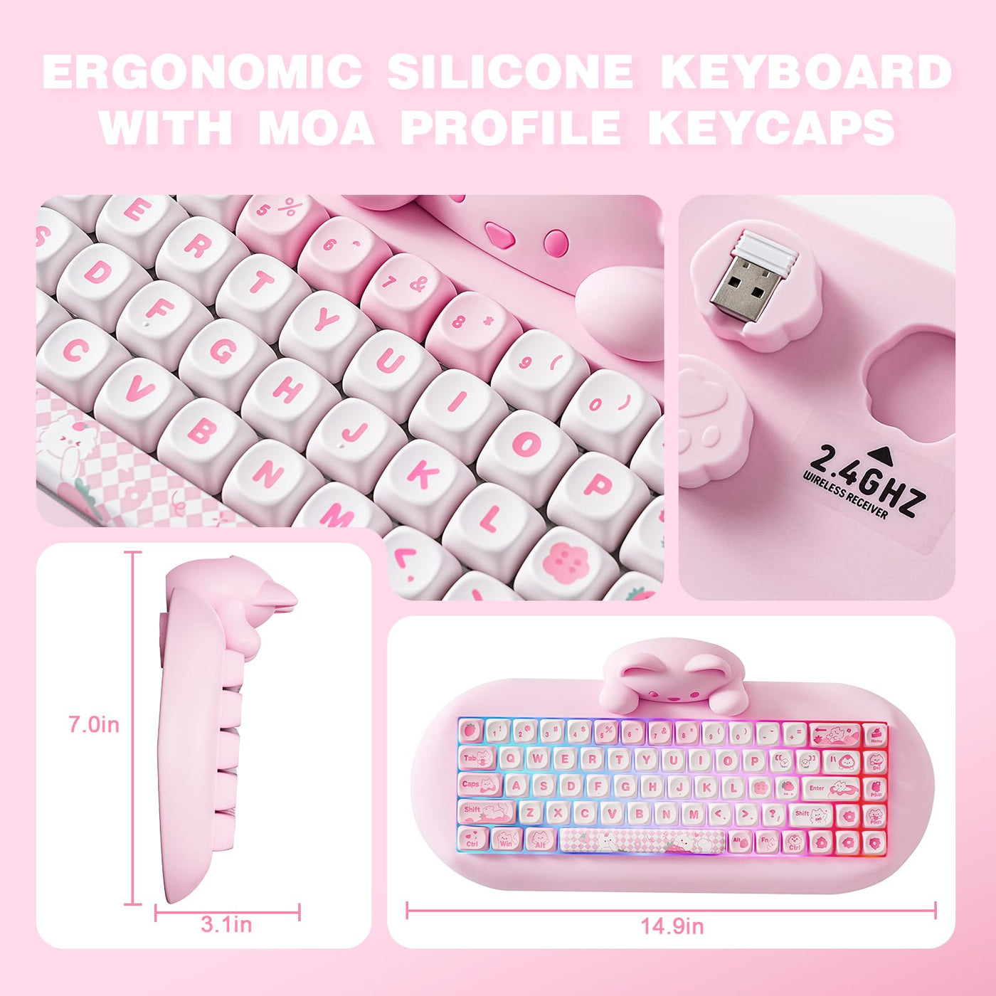 YUNZII C68 Drahtlose Mechanische Tastatur,65% Gaming Tastatur Hot Swap,Triple Mode BT5.0/2.4G/Wired Tastatur,RGB Backlit NKRO,Katze Silikon Ergonomie Tastatur Win/Mac(Milchschalter,Pink Cat)