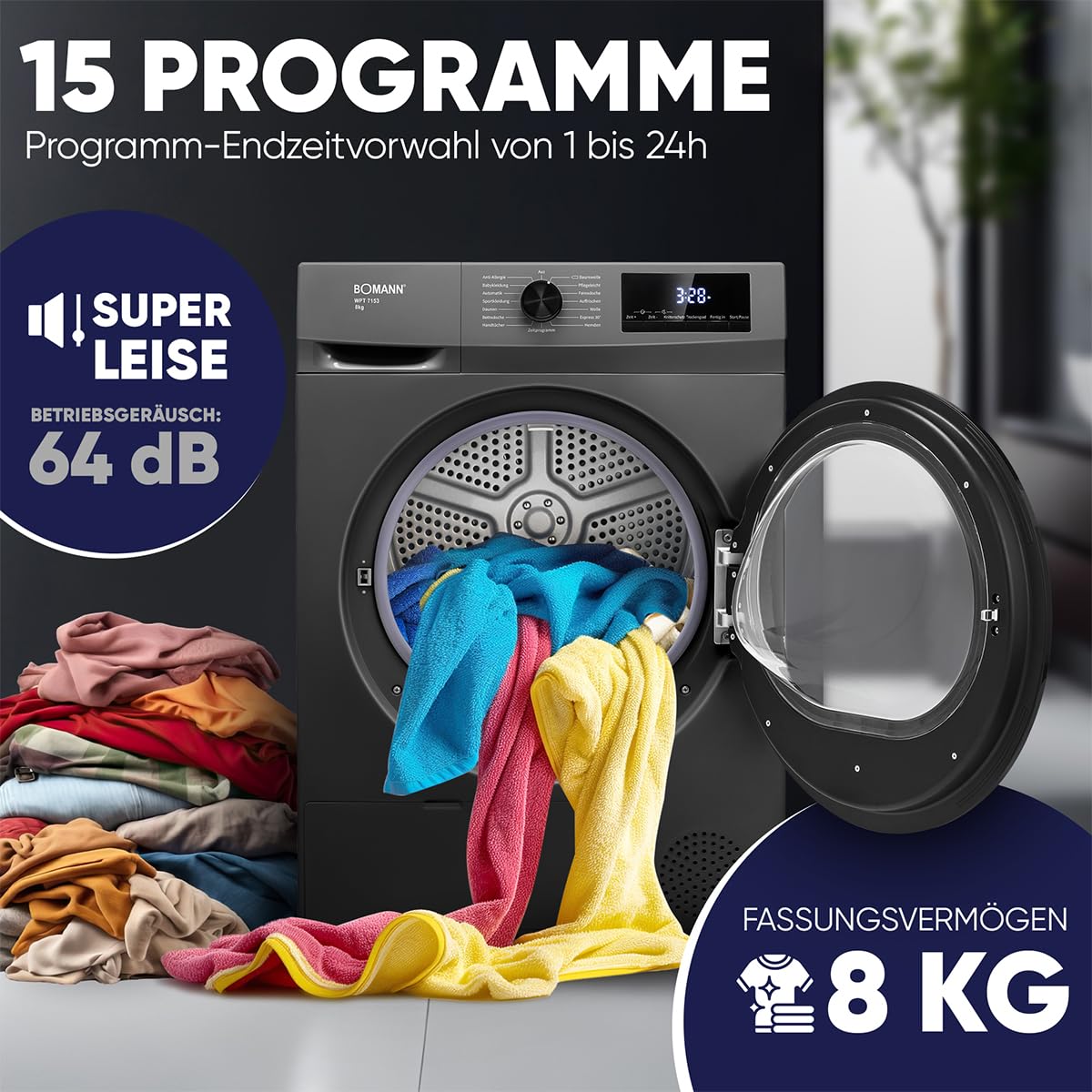 Bomann® Wärmepumpentrockner 8kg | kein Wasseranschluss nötig | Trockner m. Antiknitterfunktion | Wäschetrockner 15 Programme | Kondenstrockner | umweltfreundliches Kühlmittel R290 | WPT 7153 titan