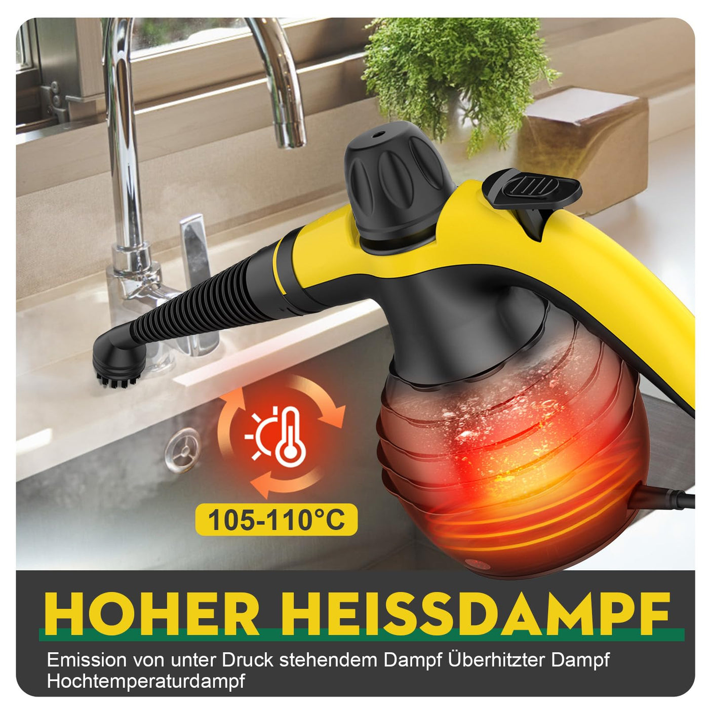 Dampfreiniger, 1050W Hochleistung Dampfreiniger Handgerät, Mit 9 speziellen Fleckenentfernungszubehörteilen, Ideal für Bodenreinigung, Auto, Bad, Dusche, Polstermöbel, Fenster und Fettabreinigung