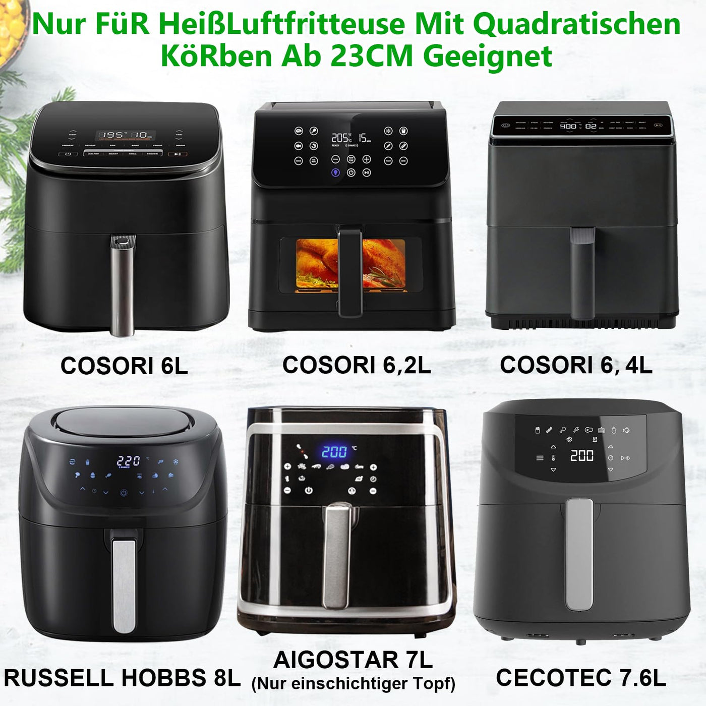 YINGRACE 23CM Heißluftfritteuse Zubehör XXL für COSORI 6,4L, 6,2L, 6L, Russell Hobbs 8L, 4PCS Airfryer Zubehör mit Grillroste Pizzapfanne Backpapier Silikonform für Heißluftfritteuse