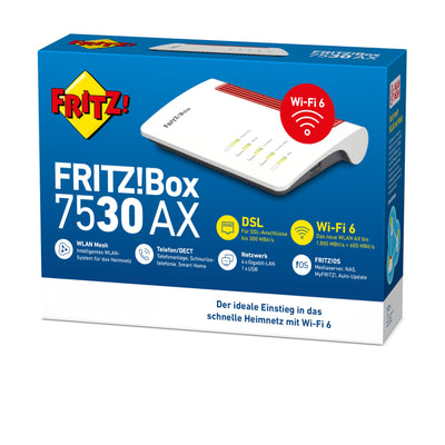 AVM FRITZ!Box 7530 AX WI-FI 6 DSL-Router (DSL/VDSL,1.800 MBit/s (5GHz)&600 MBit/s (2,4 GHz),bis zu 300 MBit/s mit VDSL-Supervectoring 35b,WLAN Mesh,DECT-Basis,Media Server, geeignet für Deutschland)