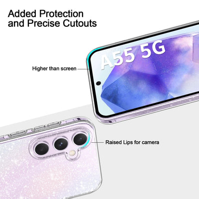 AROYI 3 in 1 Klar Glitzer Handyhülle Kompatibel mit Samsung Galaxy A55 5G Hülle Glitzer mit 2 Stück Schutzfolie, Handyhülle Samsung A55 5G Transparent Weiche TPU Silikon Case [Anti-Yellowing]