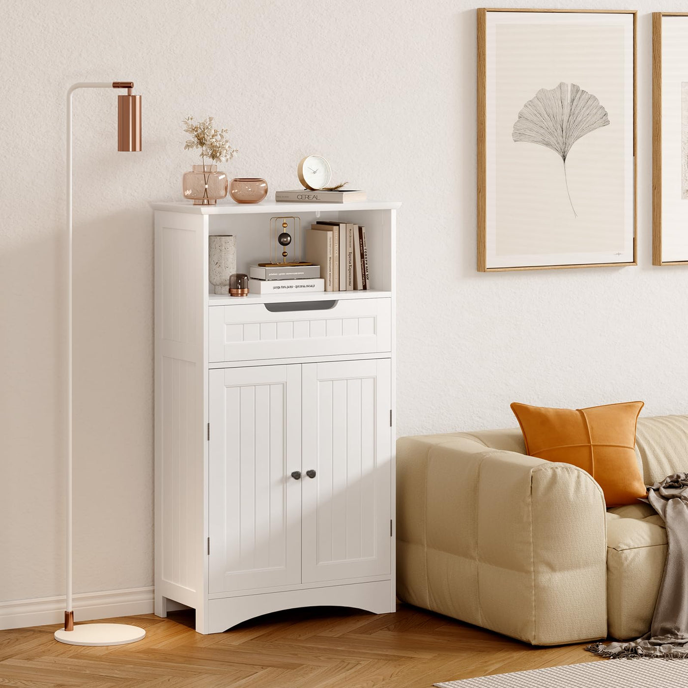 Bealife Badezimmerschrank, Badezimmer-Aufbewahrungsschränke mit großer Schublade, 2 Türen mit verstellbaren Regalen für Badezimmer, Wohnzimmer, Schlafzimmer, 108 x 60 x 30 cm, Weiß