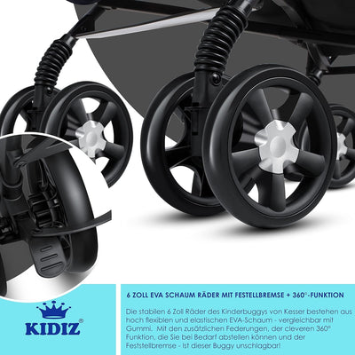 KIDIZ® Kinderwagen City-Pro Buggy Kinderbuggy klappbar Liegebuggy Sportwagen Faltbar 360° 6-Zoll-Rädern Inkl. Moskitonetz, Fußsack und Regenverdeck zusammenklappbar Schlaffunktion Anthrazit