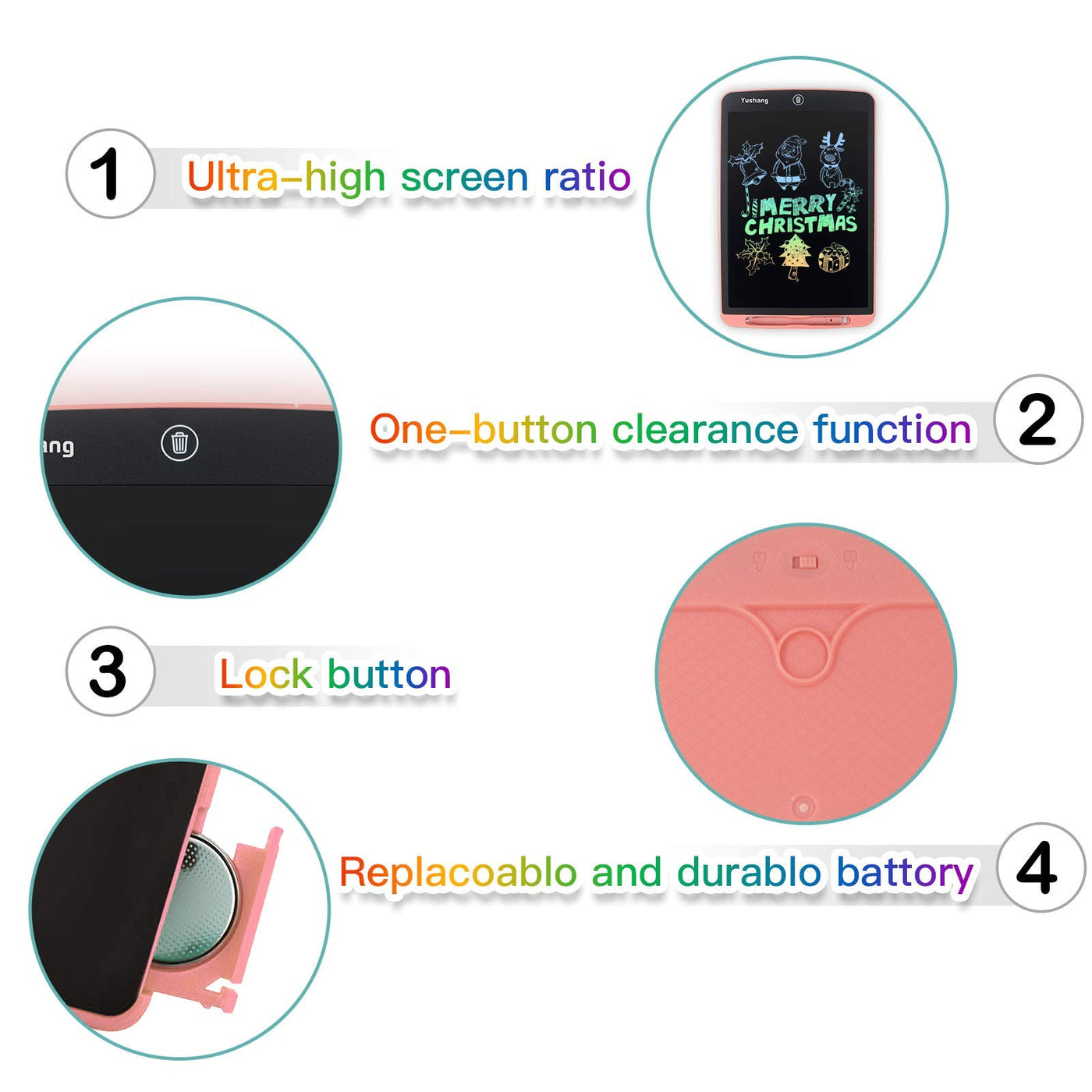 Tablette d'écriture LCD YUSHANG 12 pouces Tablette de dessin LCD colorée Bloc-notes LCD pour adultes Tableau d'écriture LCD portable pour écrire, peindre et prendre des notes (Rose-12)