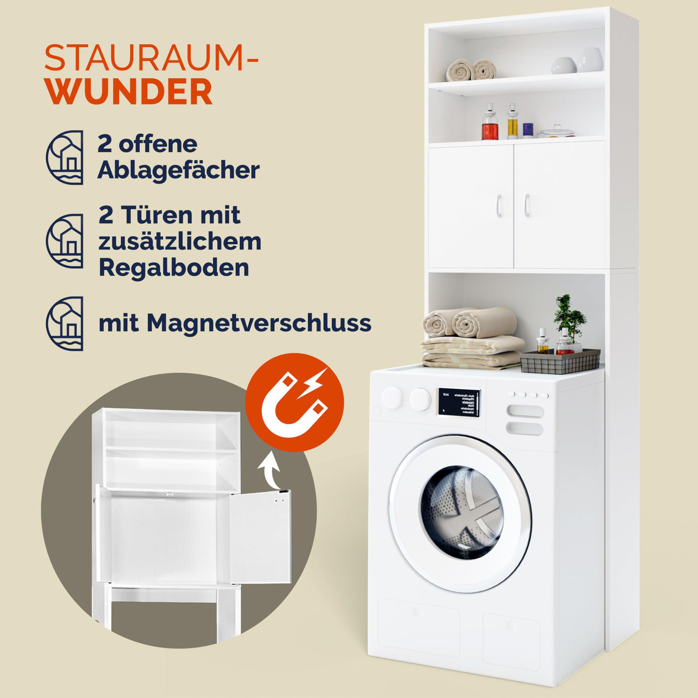 Casaria® Waschmaschinenschrank 185x63x20cm 2 Türen Badschrank Hochschrank Badezimmer Waschmaschine Überbau Bad Regal Weiß