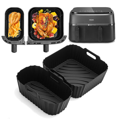 Airfryer Zubehör für Philips Dual Basket Airfryer 3000-Serie, 2 Stück wiederverwendbare Silikonformen für Philips Airfryer NA350/00, NA350/03, schwarz.