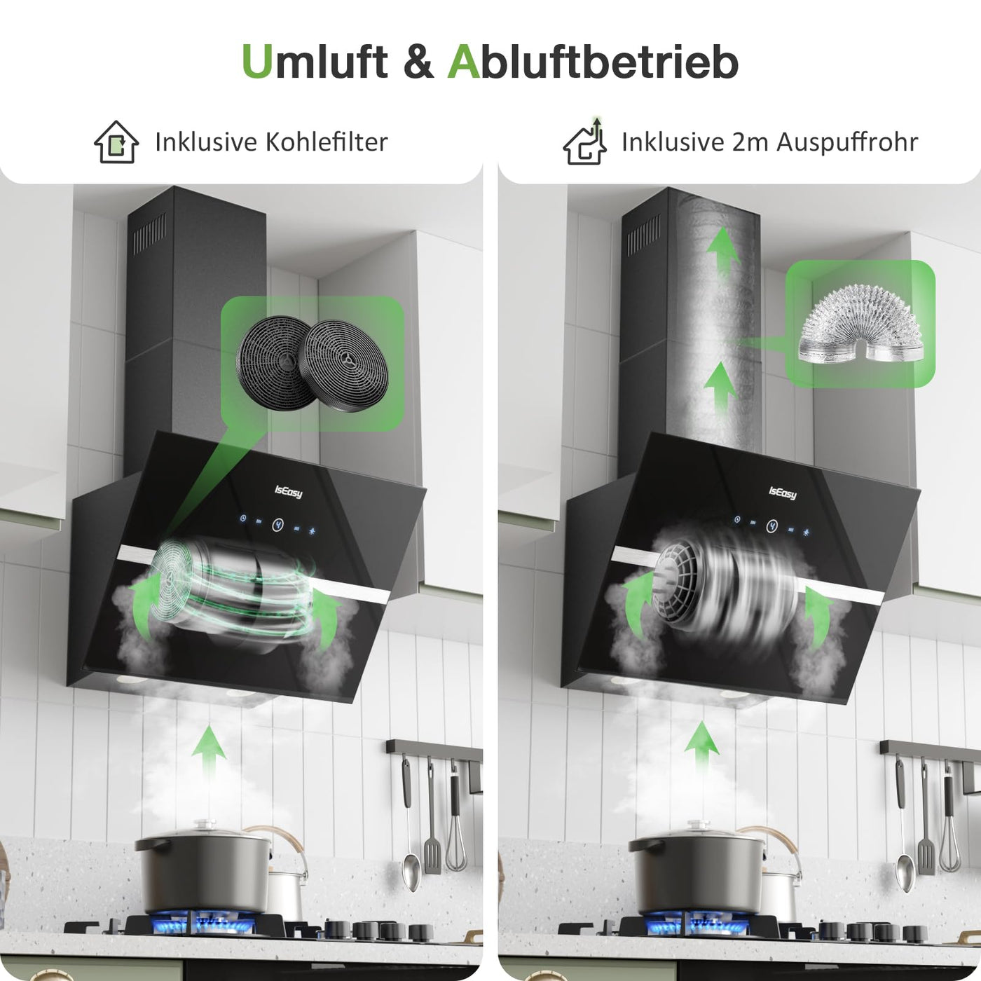 Dunstabzugshaube 60 cm, IsEasy Umluft Dunstabzugshaube mit 578 m³/h starke Saugleistung, 4 Einstellstufen, Abluftmodus, 1–9min Verzögerungs-Ausschaltfunktion, Min 35dB, Schwarz, Effizienz A++