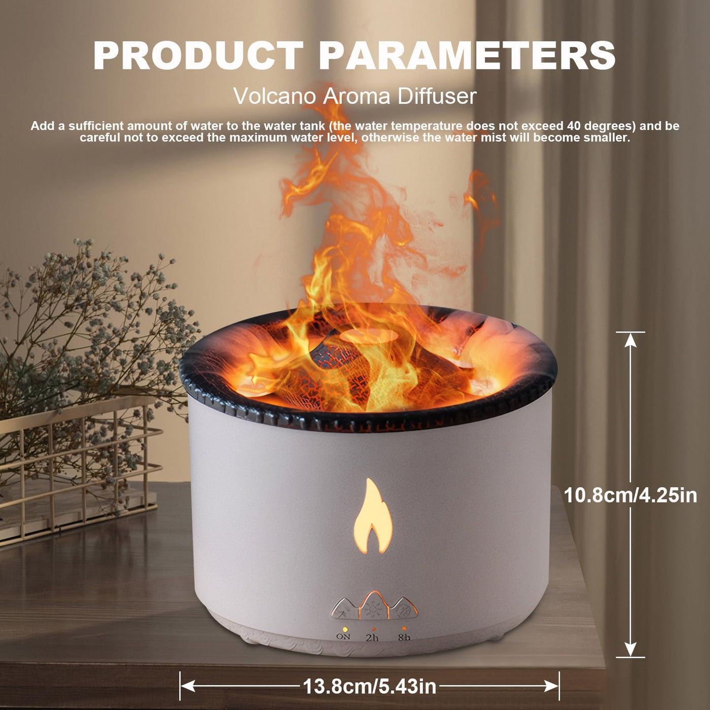 Vulkan Luftbefeuchter Flammen Aroma Diffusor: Ultraschall Ätherisches Öl Duft Diffusor 360ml Große Kapazität 2-in-1 Ätherisches Öl Diffusor mit Funktion Timer für Schlafzimmer Home Office