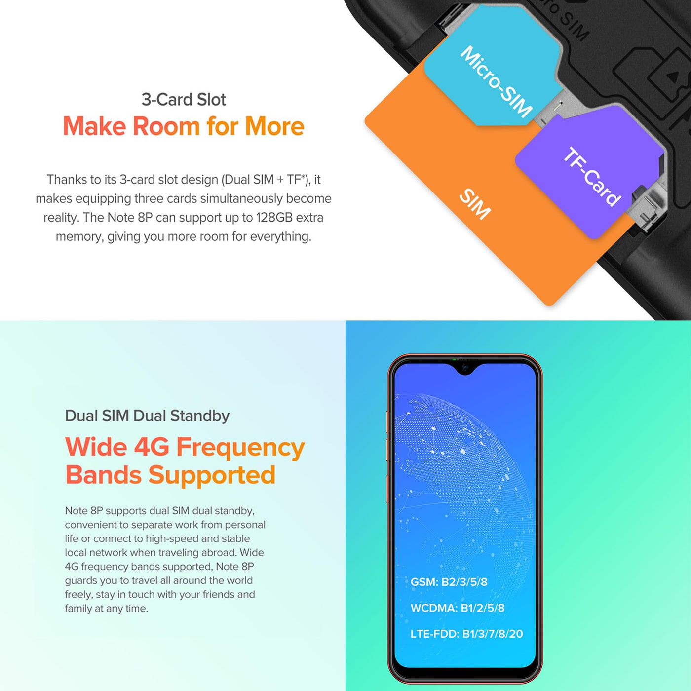 Ulefone Note 8P Handy Günstig 5,5-Zoll Smartphone ohne Vertrag 2GB + 16GB/128GB erweiterbar 4G LTE Dual SIM Quad Core Android Handy 2700mAh 8MP+5MP Kamera 3 Kartensteckplatz Face ID GPS Schwarz