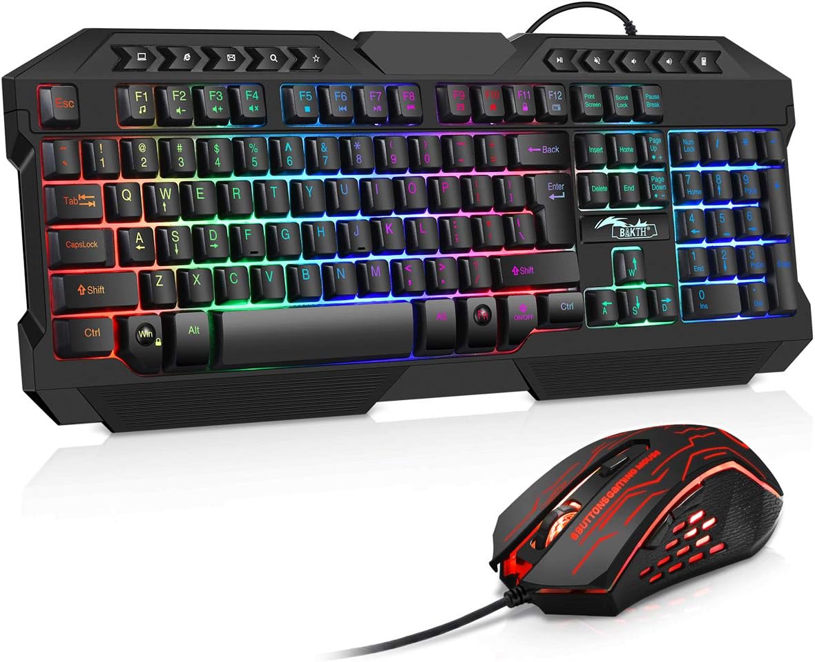 BAKTH Gaming Tastatur und Maus Set, LED Hintergrundbeleuchtung QWERTZ DE Layout, Regenbogen Farben Beleuchtete USB Wasserdicht Tastatur und Maus mit 3600 DPI für Pro PC Gamer