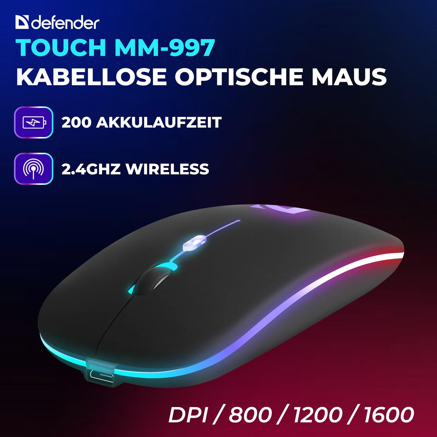 Defender Touch MM-997 Kabellose Maus, Laptop Maus Kabellos, Funkmaus, Bluetooth und USB Computer Maus, Wireless Mouse PC, RGB Led Computermaus, Rechts und Linkshänder Maus Schwartz