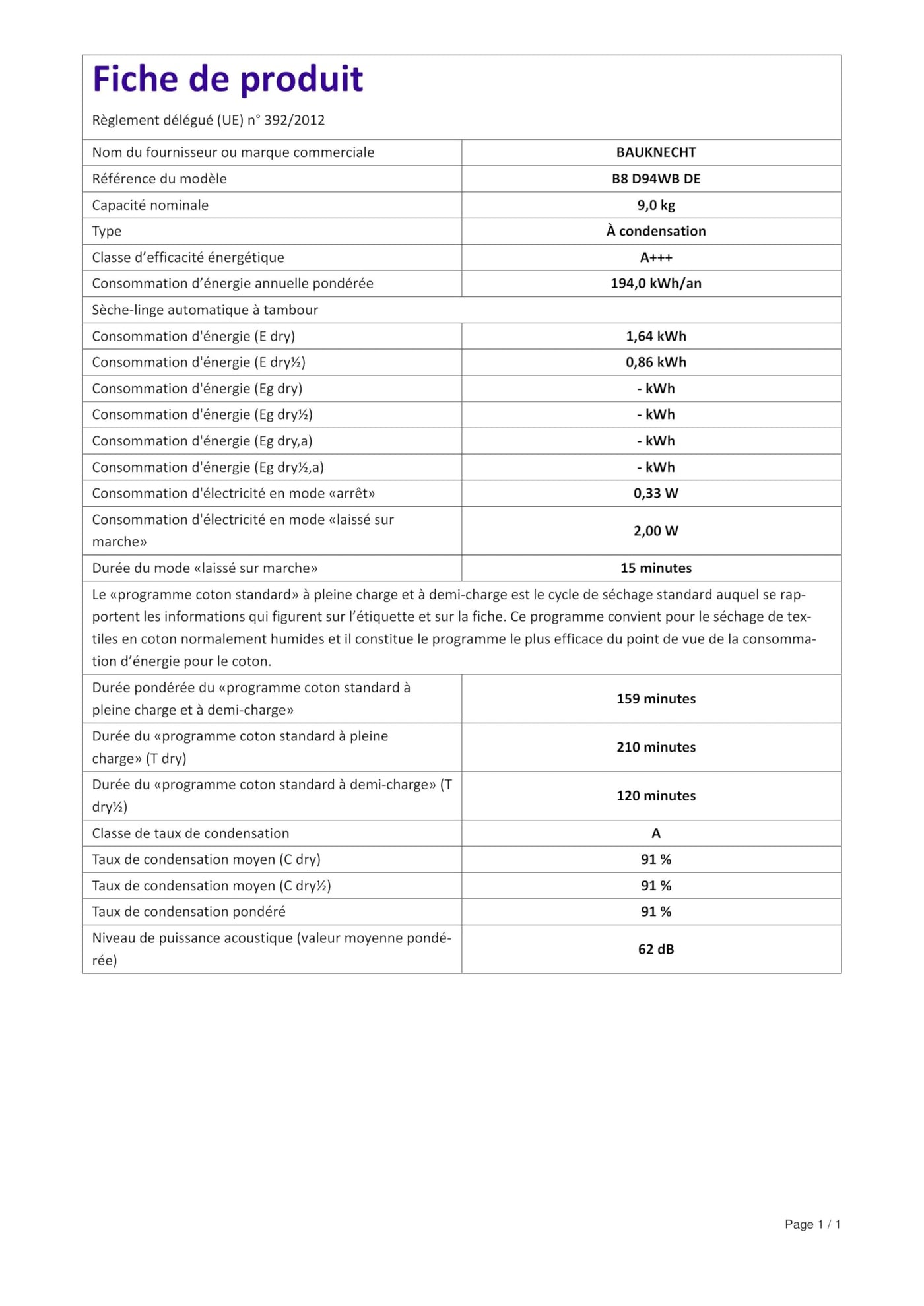 Bauknecht B8 D94WB DE Wärmepumpentrockner/9 kg/100% Faserpflege dank GentlePowerTechnologie/AutoCleaning/Knitterschutz/EcoMonitor/Bügelleicht-Programm/Anti-Allergie-Programm Weiß