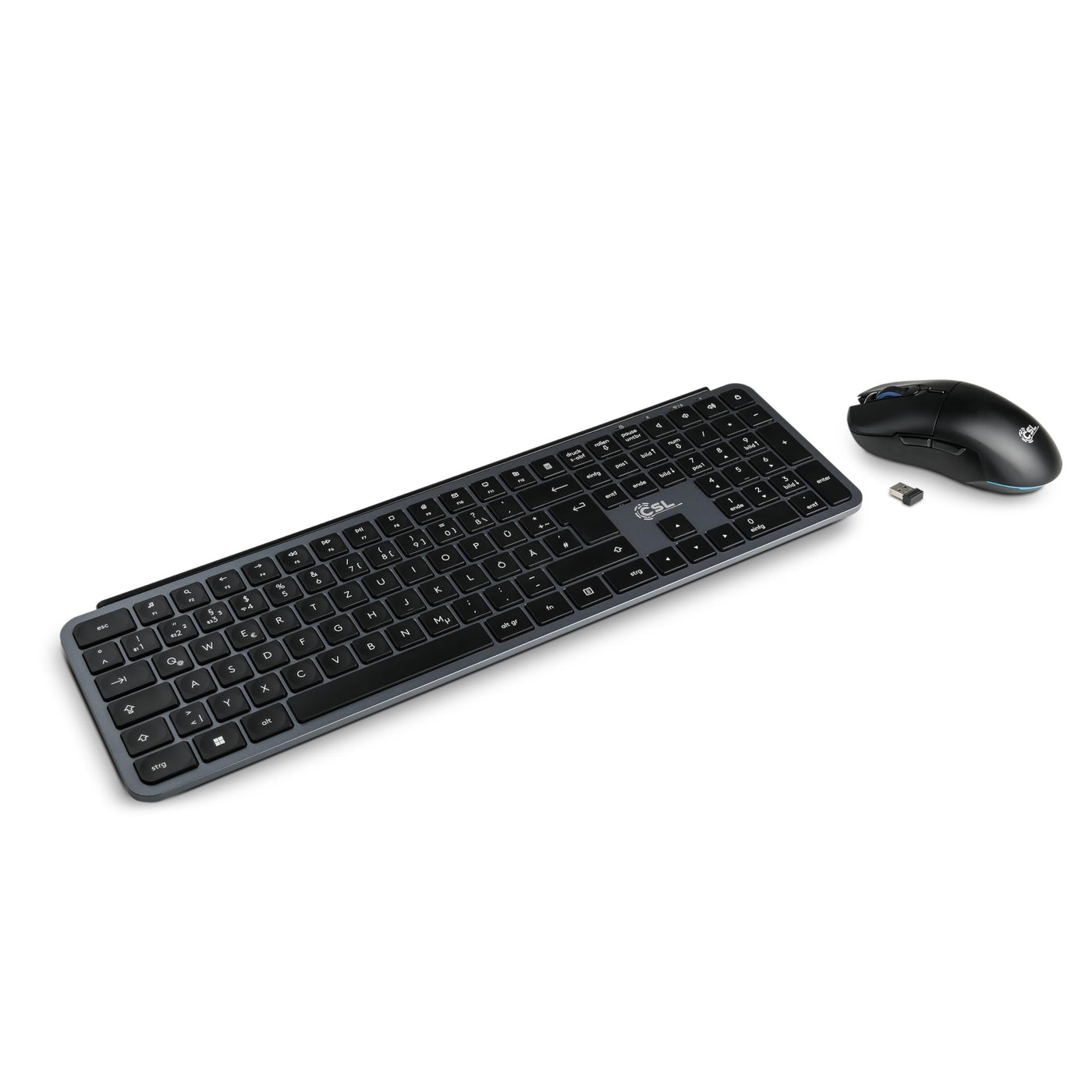 CSL Logix Pro - Tastatur Maus Set kabellos in schwarz mit QWERTZ Layout bestehend aus Funktastatur, Funk Maus, USB Nano Empfänger und USB Ladekabel, perfekt für Office PC, Laptop, Multimedia Computer