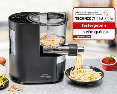 ROMMELSBACHER Elektrische Nudelmaschine PM 220 – bis zu 800 g frische Pasta, integrierte Waage, gesteuerte Wasserzufuhr, 6 vollautomatische Programme, Edelstahl Pressschnecke, 7 Nudelformen, Lüfter