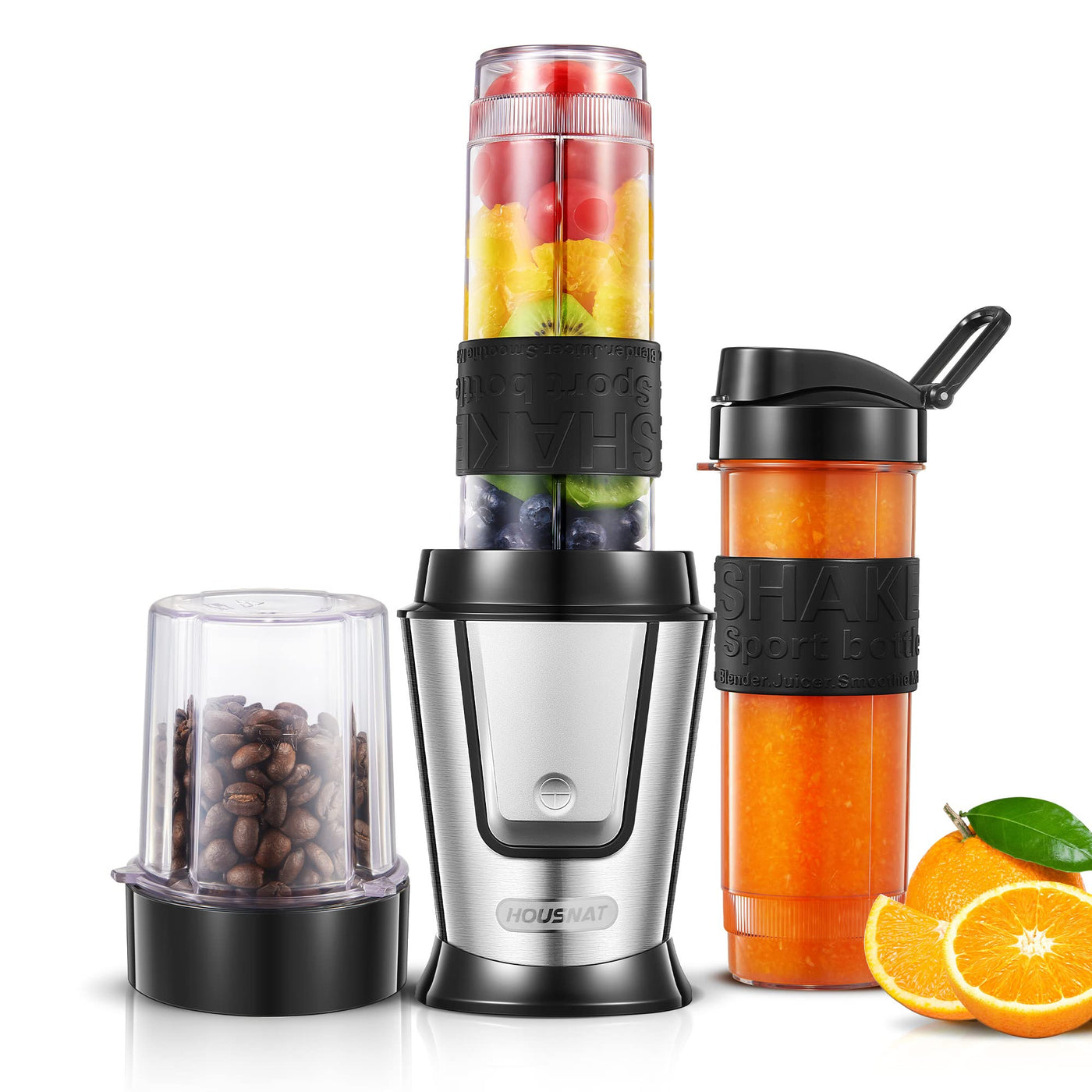 HOUSNAT Smoothie Maker To Go, 500W Standmixer Mixer Kaffeemühle 280ml, Blender Elektrisch mit 2 Tritan-Kunststoff Sport Flasche 570ml,Tragbar, BPA-frei, Spülmaschinenfest, Edelstahl