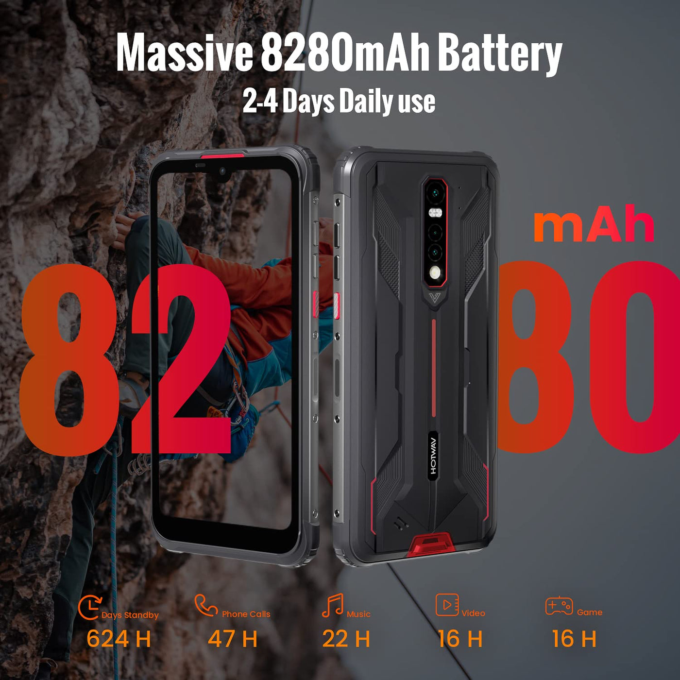 HOTWAV Cyber 8 Outdoor Handy ohne Vertrag 4G Robustes Smartphones Dual SIM,Android 11 8280mAh 6,3 Zoll IP68 IP69K Wasserdichter 16MP Triple Kamera 4GB+64GB (SD up to 256 GB),NEC/OTG/GPS/Face ID Rot