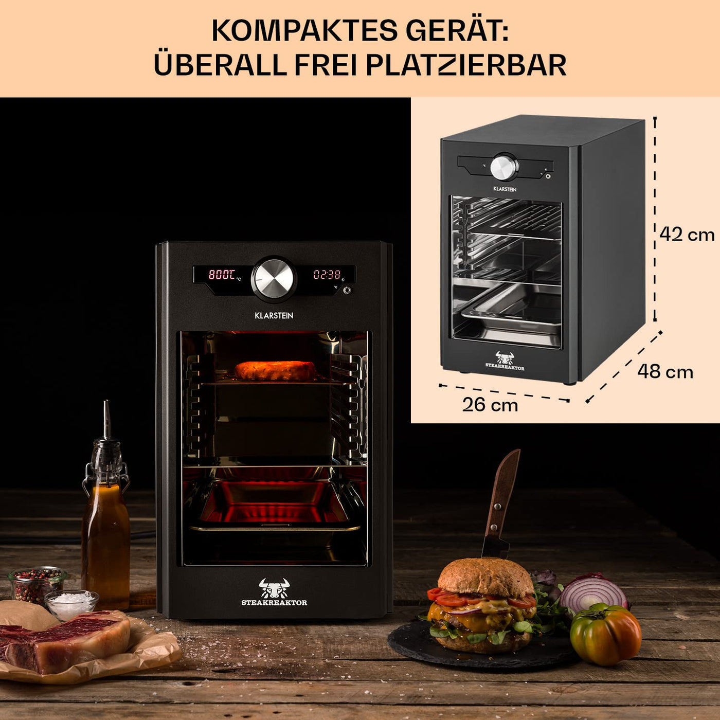 Klarstein Steakreaktor Core - Hochtemperaturgrill, 2100 W, Temperaturbereich: 200-800 °C, Indoor Grillgerät, Strahlungs-Heizelement, schwarz