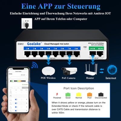 Goalake 8 Port Poe Switch, Cloud Managed Ethernet Switch, 10 Ports PoE+ Switch @120W, 802.3af/at, APP Easy Smart Managed, Cloud Detection, Vlan, Cloud Restart, Cloud Ultraremote to 250M, 802.3af/at