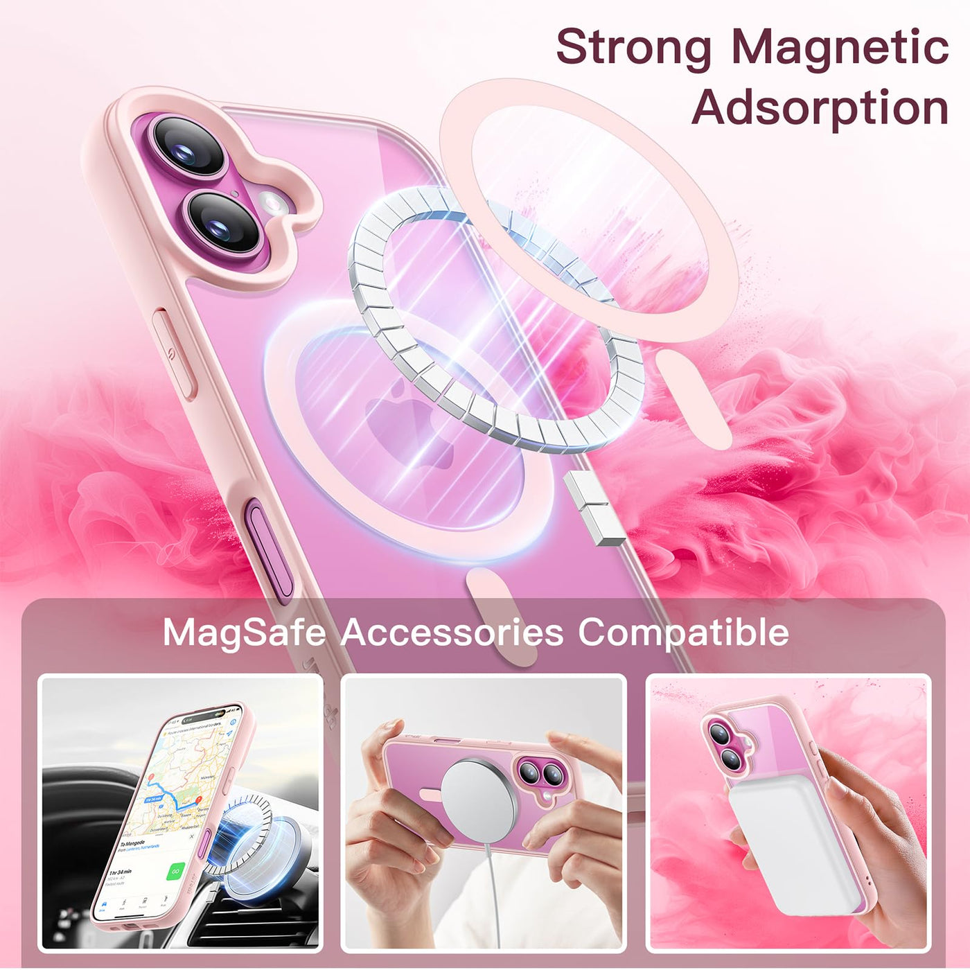 JETech Magnetisch Hülle für iPhone 16 Plus 6,7 Zoll Kompatibel mit MagSafe, Stoßfest Stoßfänger Handyhülle, Solid Farbe Matte TPU Rahmen, Anti-Kratzer Transparent Rückseite (Hellrosa)