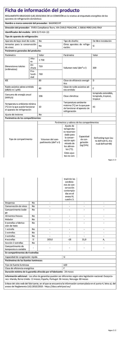 Bauknecht GKN 2173 A3+ Gefrierschrank Gefrieren: 310 L / No Frost / Supergefrierfunktion / EasyOpen Ventil / LED-Innenbeleuchtung / Elektronische Steuerung mit innenliegendem Bedienfeld,Weiß