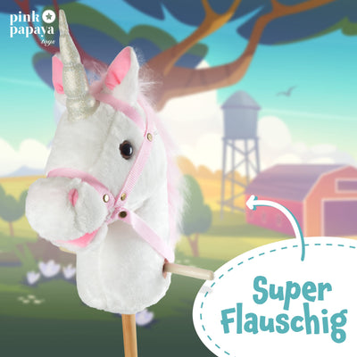 Pink Papaya Steckenpferd Einhorn, Mandy süßes Spielzeug Einhorn aus Plüsch mit Sound Funktion: Gewieher und Galoppgeräusch - Farbe: weiß mit rosa Mähne