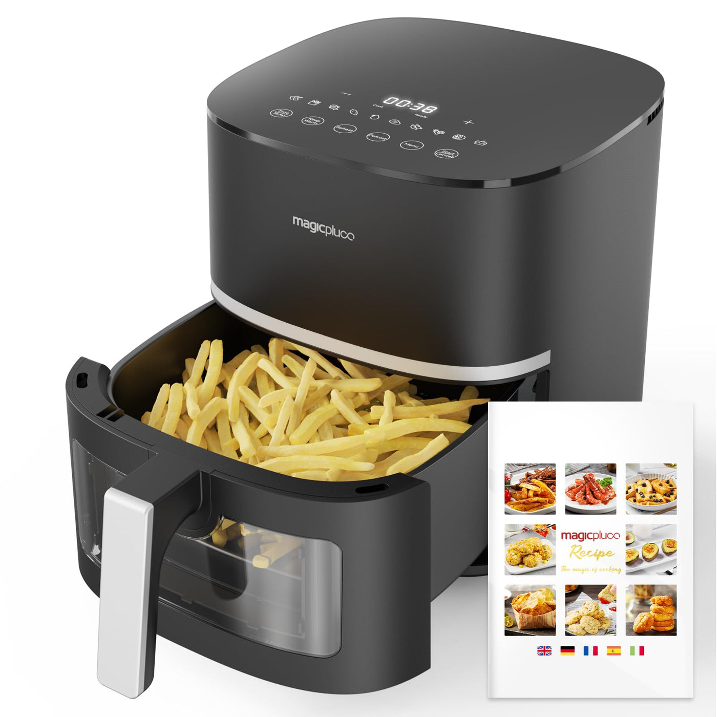 magicplux Heißluftfritteuse 5,5L XXL, 1500W Airfryer mit 13 Vorprogrammierte, X CYCLONE AIR-Technologie, Visualisierungsfenster, 21 Rezept, Spülmaschinenfest, Schwarz