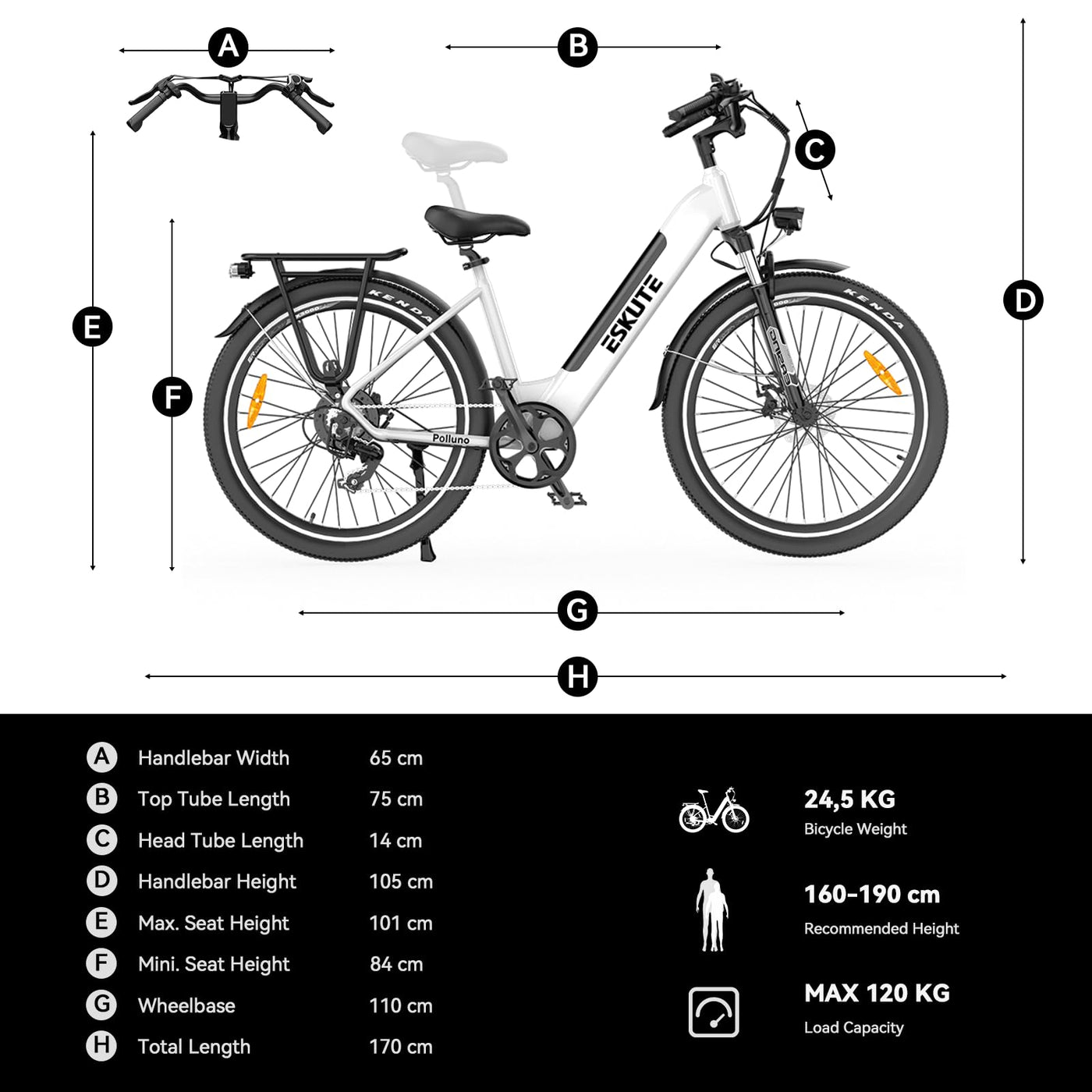 ESKUTE Elektrofahrrad 26 Zoll Polluno Plus, Pendlerfahrrad, E-Cityrad, Elektrisches Stadtrad mit 36V, 20Ah Li-Ion Akku, Hybridmodus Reichweite bis zu 120KM, EU-konformes E-Bike, Weiß