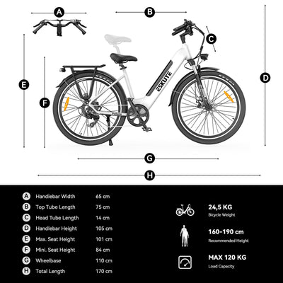 ESKUTE Elektrofahrrad 26 Zoll Polluno Plus, Pendlerfahrrad, E-Cityrad, Elektrisches Stadtrad mit 36V, 20Ah Li-Ion Akku, Hybridmodus Reichweite bis zu 120KM, EU-konformes E-Bike, Weiß