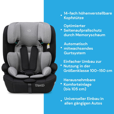 Booboo Safety Berlin, i-Size Kindersitz ohne Isofix ab 1 Jahr, Autositz von 76 bis 150 cm, mitwachsend - Black Grey