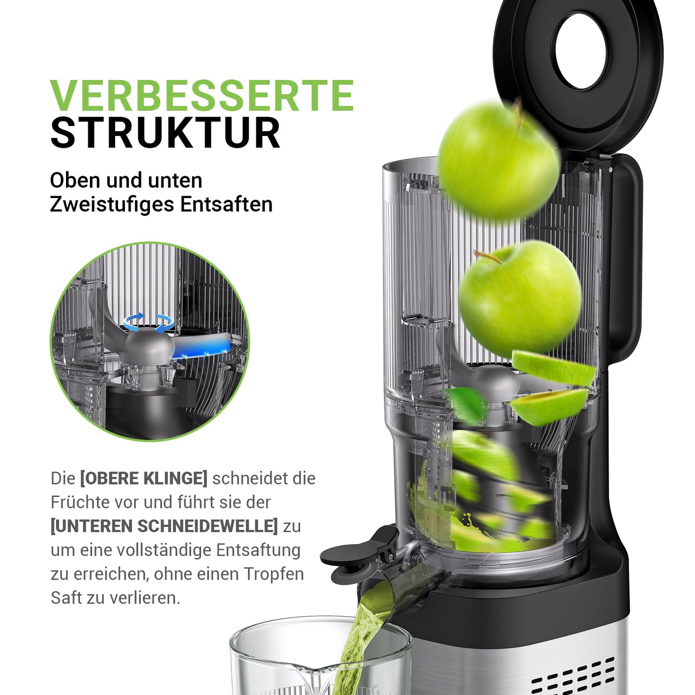 AMZCHEF Entsafter mit zwei Schnecken für automatische Zuführung und Mastikation für freie Hände - Slow Juicer mit 126MM Öffnung und 2 Liter Kapazität für ganze Gemüse und Obst - Silber