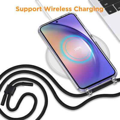 Anshow Handykette für Samsung Galaxy A55 Hülle mit Band + 1 Schutzfolie, Robust Necklace Extrem Stoßfest Handyhülle Samsung A55 Case Transparent Schutzhülle zum Umhängeband Abnehmbar, Schwarz