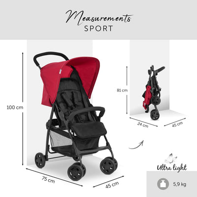 hauck Buggy Sport, Ultra Leicht - nur 5,9 kg, für Kinder bis 15 kg, Klein Zusammenklappbar, Reisebuggy mit Liegefunktion, Extra Großer Korb bis 3 kg (Red)