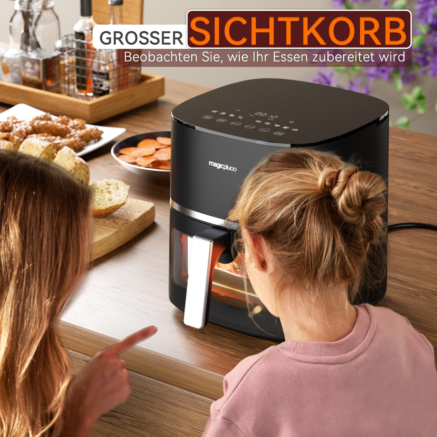 magicplux Heißluftfritteuse 5,5L XXL, 1500W Airfryer mit 13 Vorprogrammierte, X CYCLONE AIR-Technologie, Visualisierungsfenster, 21 Rezept, Spülmaschinenfest, Schwarz