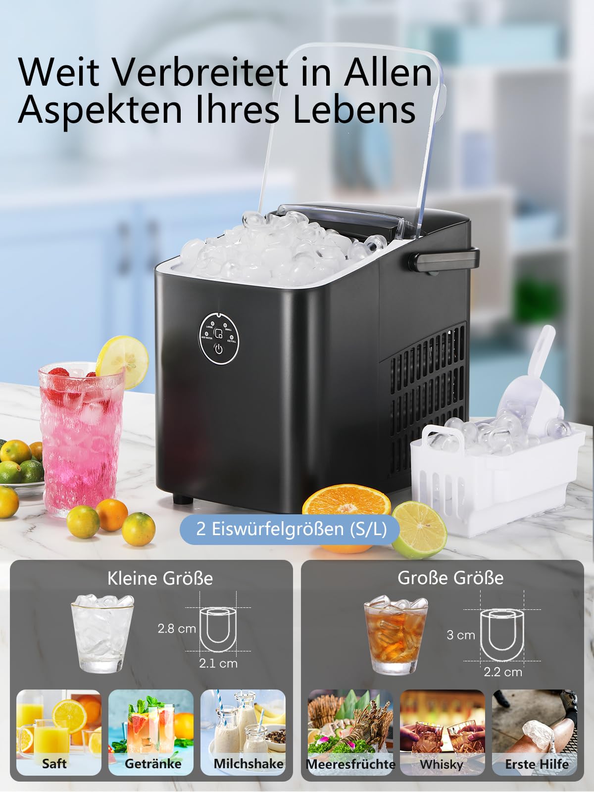 FOHERE Eiswürfelmaschine 14 kg 24 Stunden, 8 Eiswürfel in 6 Minuten, 2 Größen von Bullet Ice, Selbstreinigender Eiswürfelbereiter mit Griff, Eisschaufel und Korb, Ice Maker für Party, Büro, Wohnmobil