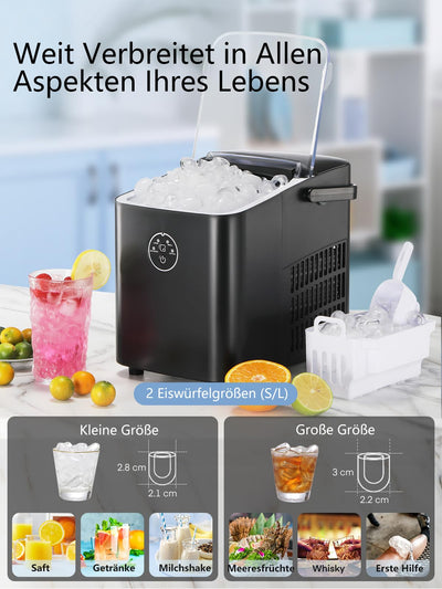 FOHERE Eiswürfelmaschine 14 kg 24 Stunden, 8 Eiswürfel in 6 Minuten, 2 Größen von Bullet Ice, Selbstreinigender Eiswürfelbereiter mit Griff, Eisschaufel und Korb, Ice Maker für Party, Büro, Wohnmobil