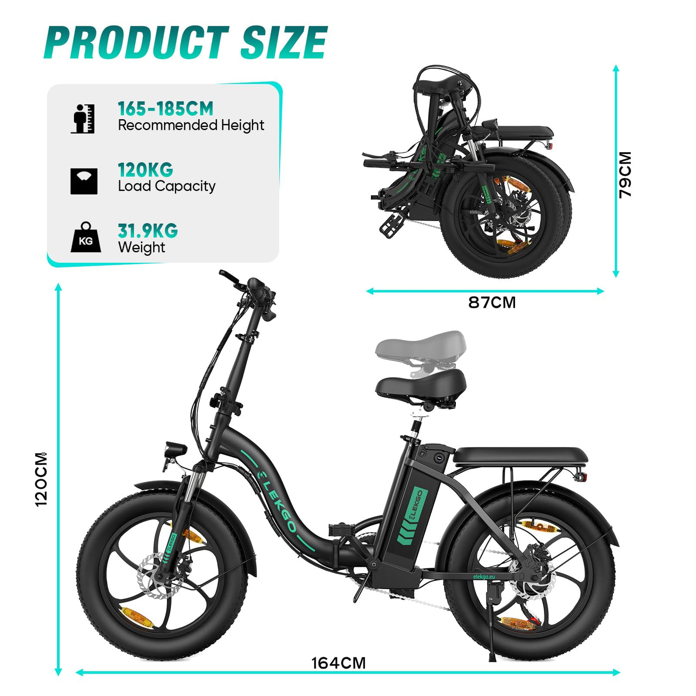 ELEKGO E Bike Klapprad, 20"*3.0 Fettreifen Elektrofahrrad, 250W Motor, 36V 12Ah Akku, 7-Gang Zusammenklappbare, Maximale Laufleistung 35–90 km