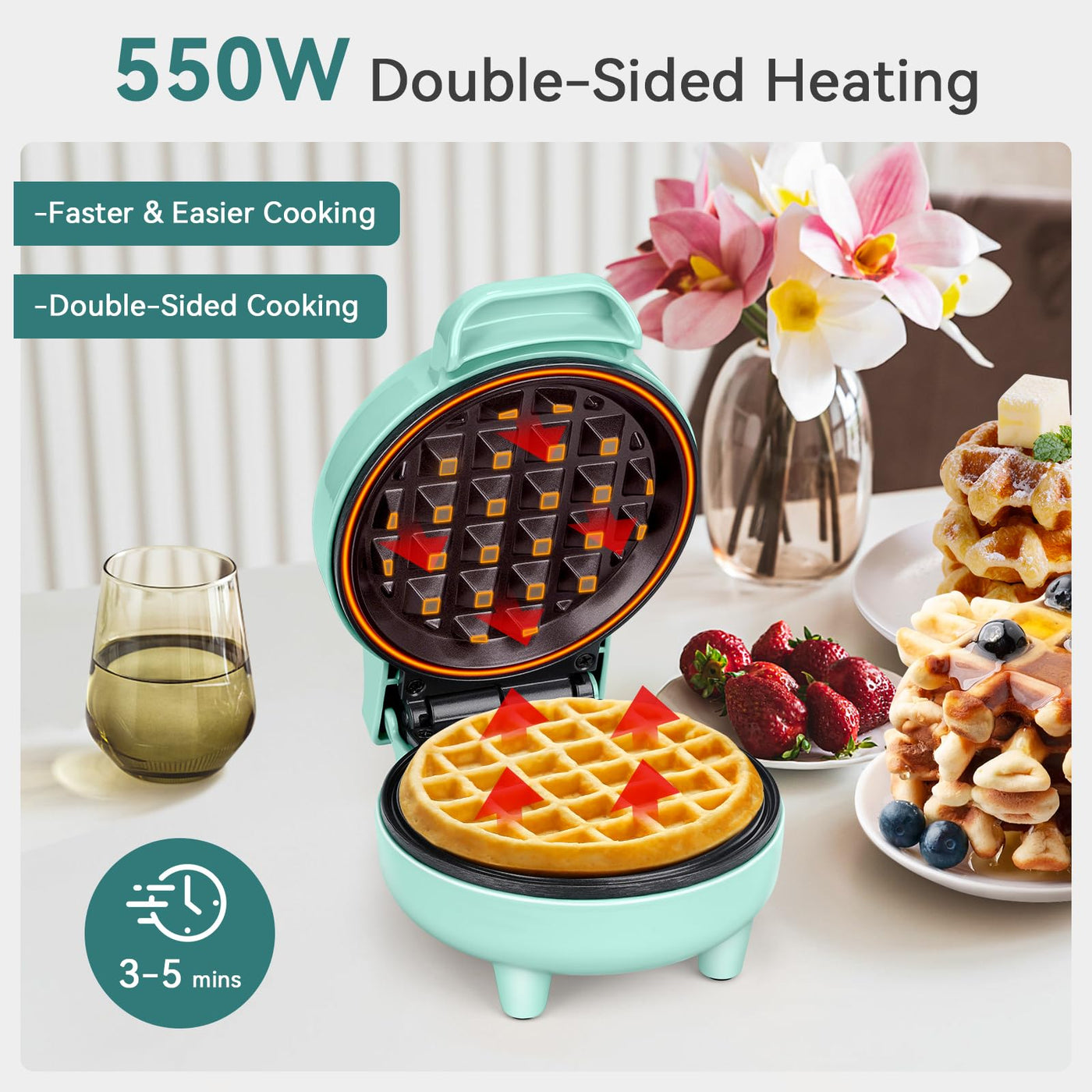 SNAILAR Mini Waffeleisen Belgische Waffel Maschine Kleines Waffeleisen Klassische, für Kindergeburtstage, Familienfeiern, Ostern oder Weihnachten, Niedlich kompaktes Design, 550 Watt, Grün