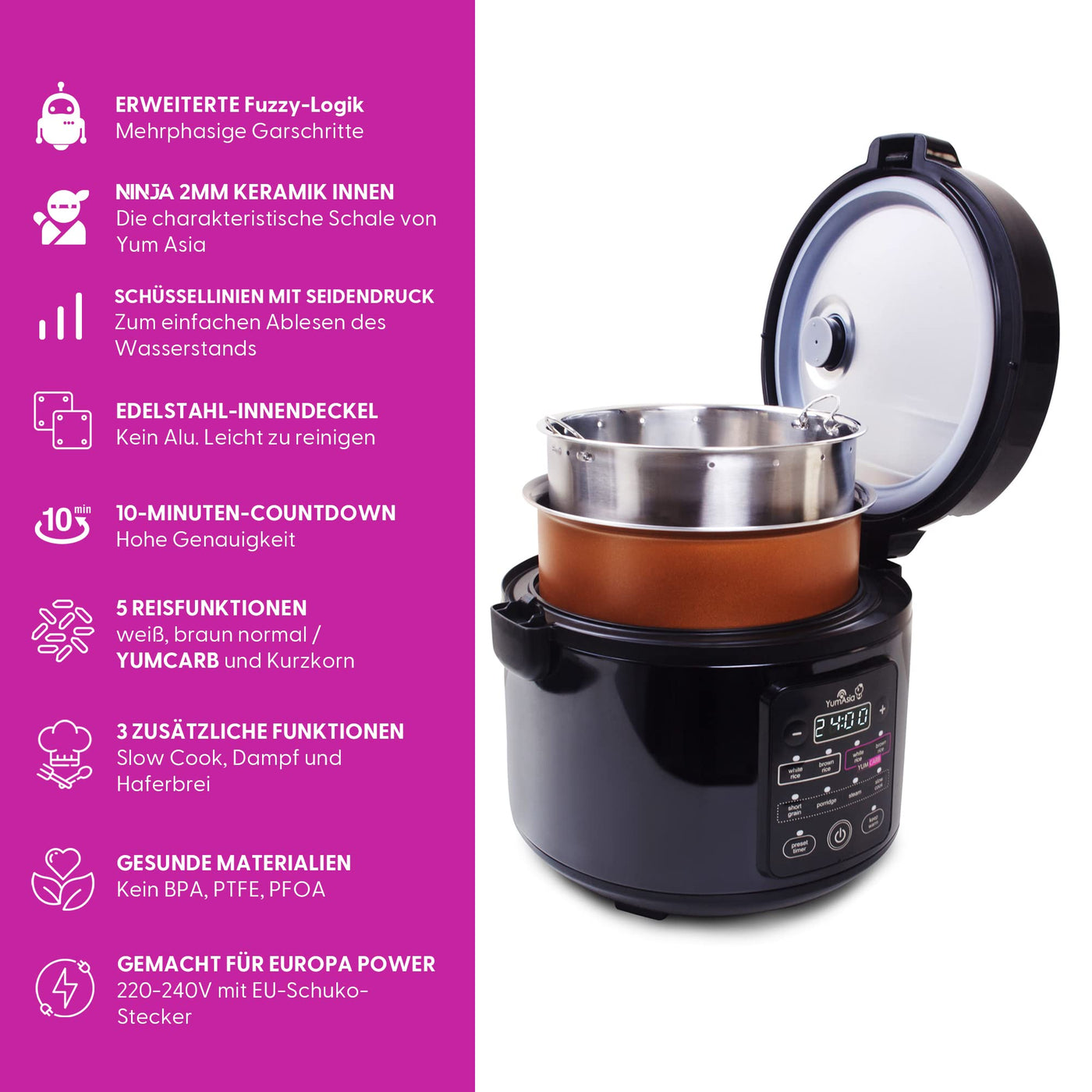 Yum Asia Kumo YumCarb Reiskocher mit Keramikschale und fortschrittlicher Fuzzy-Logik (5,5 Tassen, 1 Liter), 5 Reiskochfunktionen, 3 Multicooker-Funktionen, 220-240V EU (Dunkler Edelstahl)