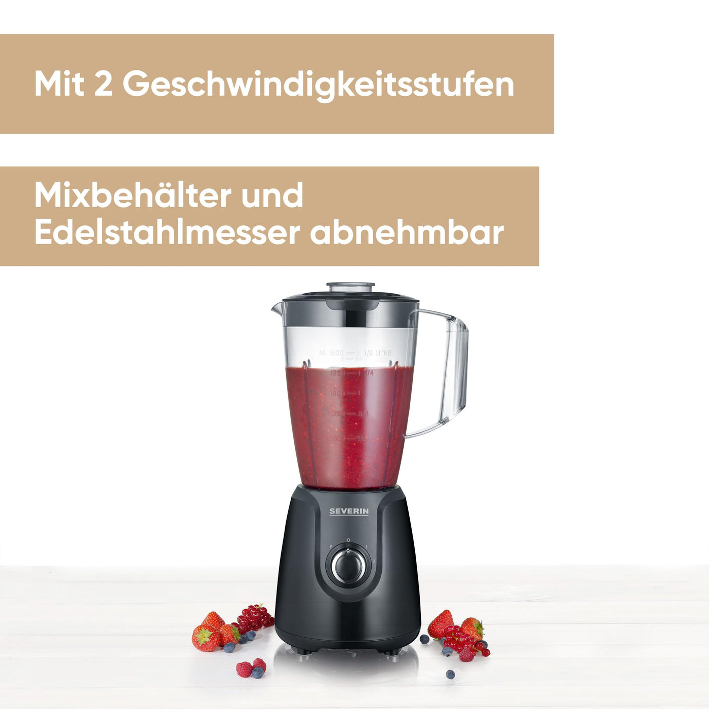 SEVERIN Standmixer mit 1,5 L Mixbehälter aus Tritan, Mixer mit 2 Stufen und Pulse-Funktion, leistungsstarker Küchenmixer mit Edelstahlmesser, 600 W, Schwarz, SM 3707