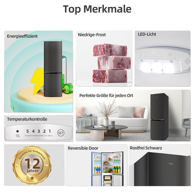 CHIQ CBM159LEBD Freistehender Kühlschrank mit Gefrierfach | Kühl-Gefrierkombination 144 cm Höhe, 47 cm Breit, 157L(109L/48L) | Low Frost | 152 kWh/Jahr | LED Litcht | | Schwarz Inox