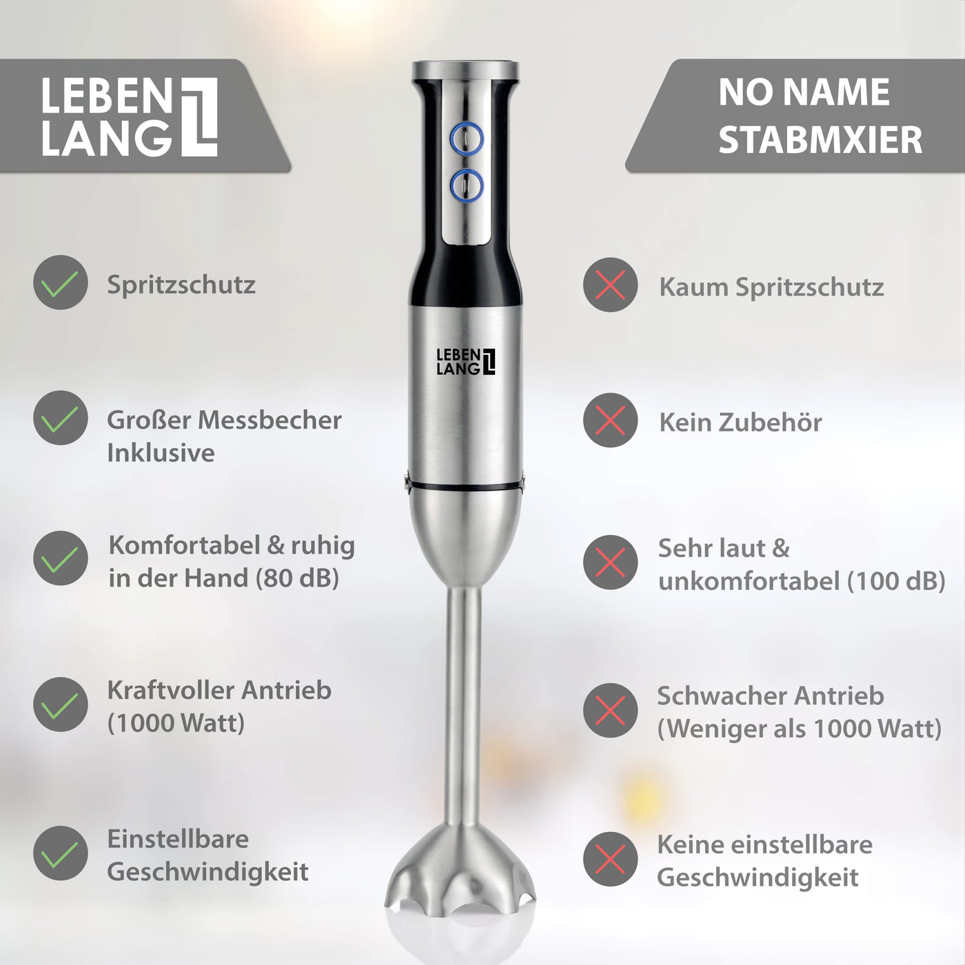 LEBENLANG 1000W Stabmixer Edelstahl - Mit Spritzschutz und 8 Stufen plus Turbo | Hochwertiger Pürierstab Edelstahl und Mixstab | Küche Zauberstab | Hand blender Rührstab Stick - Mixer 1000 watt