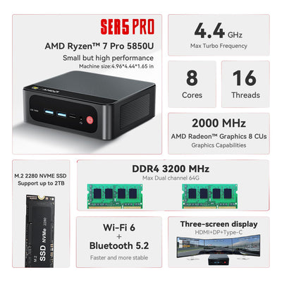 Beelink AMD Mini PC Ryzen 7 5850U(8C/16T,bis zu 4.4GHz), SER5 Pro Mini Computer, 32G DDR4 RAM/1TB M.2 PCIe3.0 SSD, 4K Triple Displays, DP1.4, HDMI, Type-C, WiFi6, BT5.2